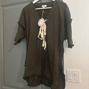 Umgee Brown V-Neck Tunic with Fringe Details